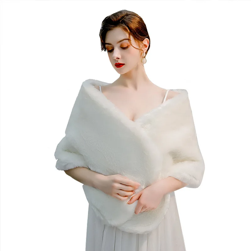 Women Faux Fur Long Bride Shawl Bridal Party Dress Wrap Accessories Autumn Winter Thick Warm Wedding Poncho Cape