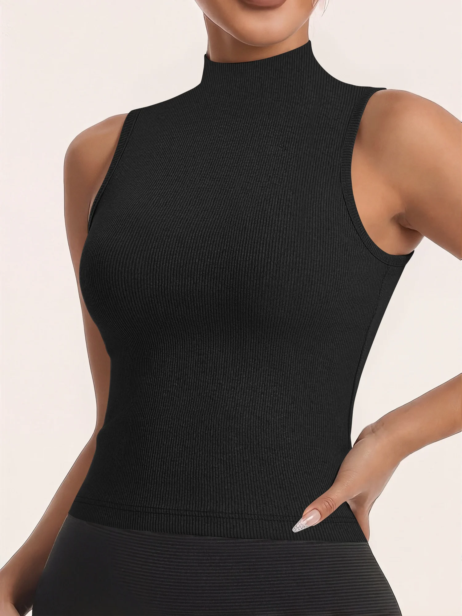 Rippled Trim Mock‑Neck Textured Knit Tank, Body‑Compressing Sleeveless Blouse for Corporate Workdays & Client Consultations