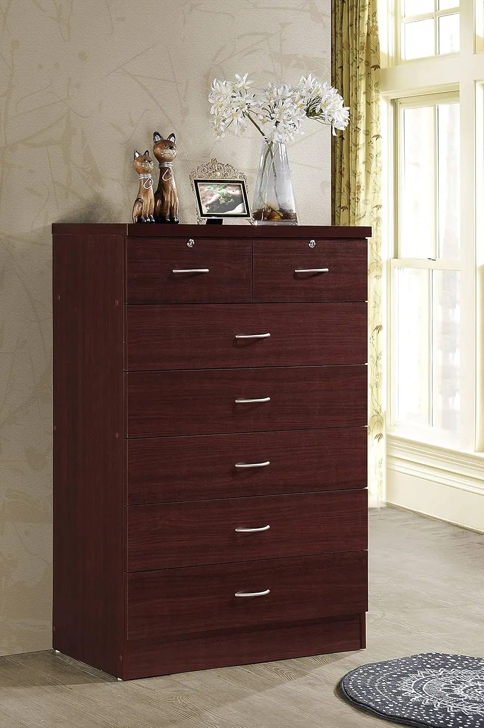 Drawer Wood Dresser for Bedroom, 31.5 inch Wide Chest of Drawers, with 2 Locks on the Top Drawers