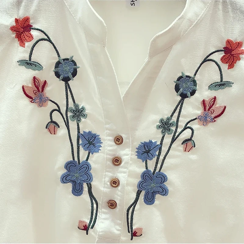 Summer Elegant Embroidery Cotton Blouses Loose White Casual Women Tops and Blouses V-Neck Shirts for Women New Clothes 3140 50