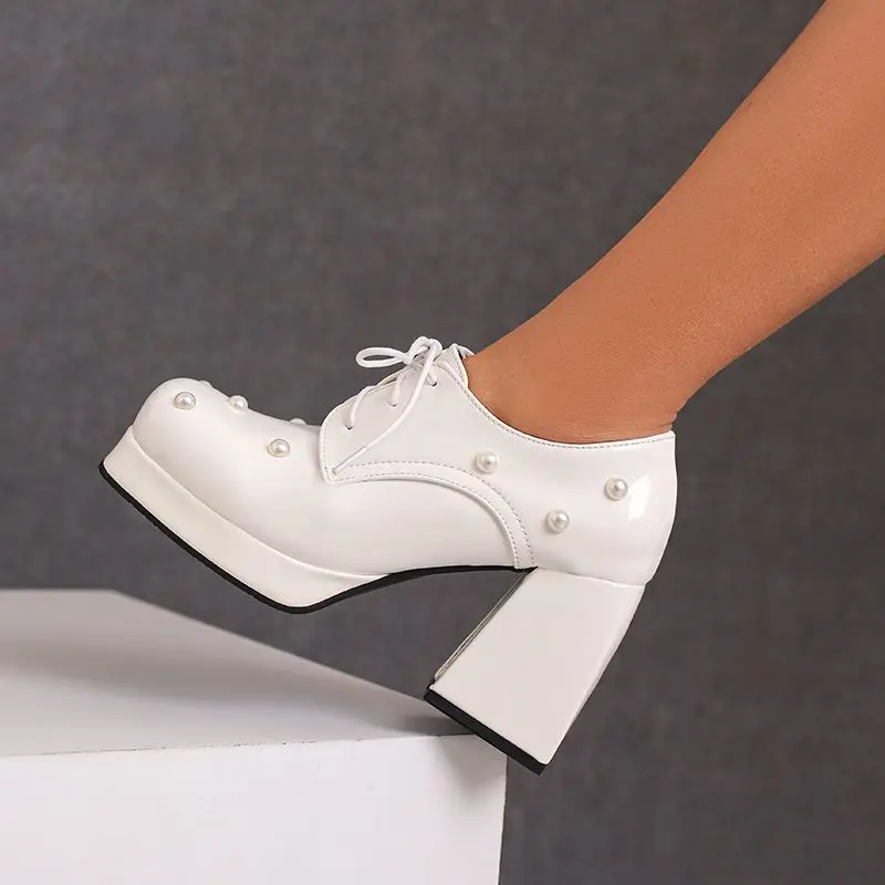 

SIMLOVEYO женские туфли-лодочки больших размеров, модная повседневная обувь на платформе 2 см со шнуровкой и бусинами, женская обувь mujer, женская обувь на массивном высоком каблуке с квадратным носком