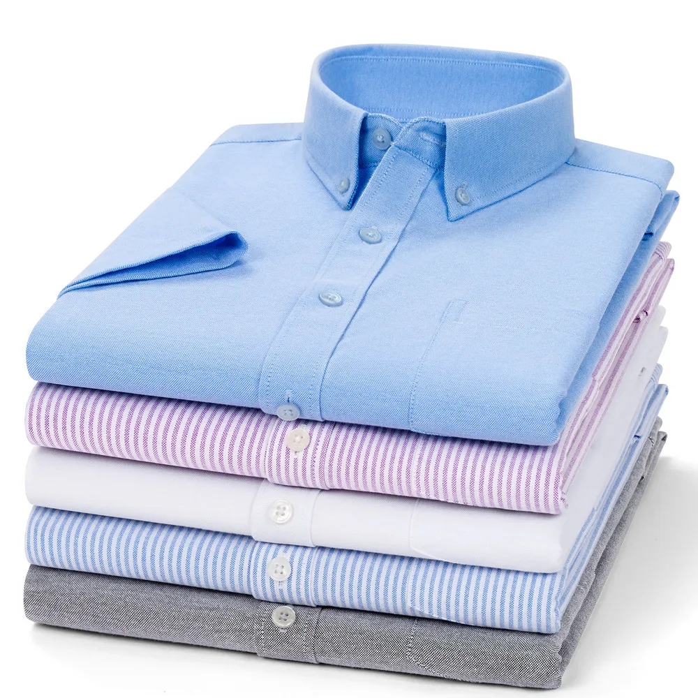 

100% Cotton Summer Shirts For Men Oxford Casual Short Sleeve Slim Fit Fashion Korea Stripe Formal White Man Clothing Big Size5XL