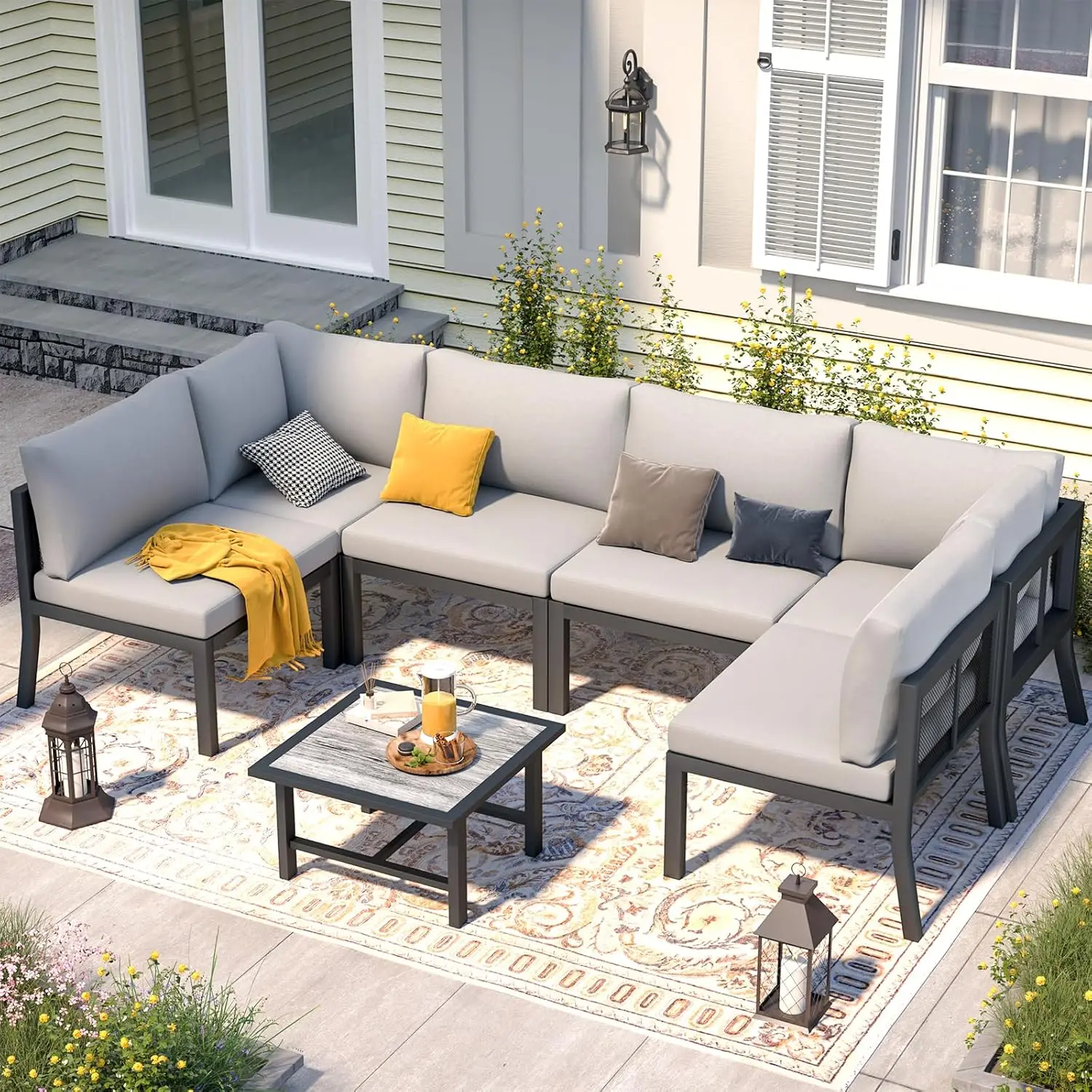 Metal Mesh Fabric Outdoor Furniture Sectional Sofa Couch, Patio Conversation Sets Clearance with Thick Cushions