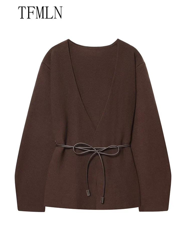TFMLN 2025 الخريف المرأة محبوك البلوزات أنيقة الخامس الرقبة فضفاضة تريكو الزنانير سترة خمر الصلبة السببية أبلى القمم