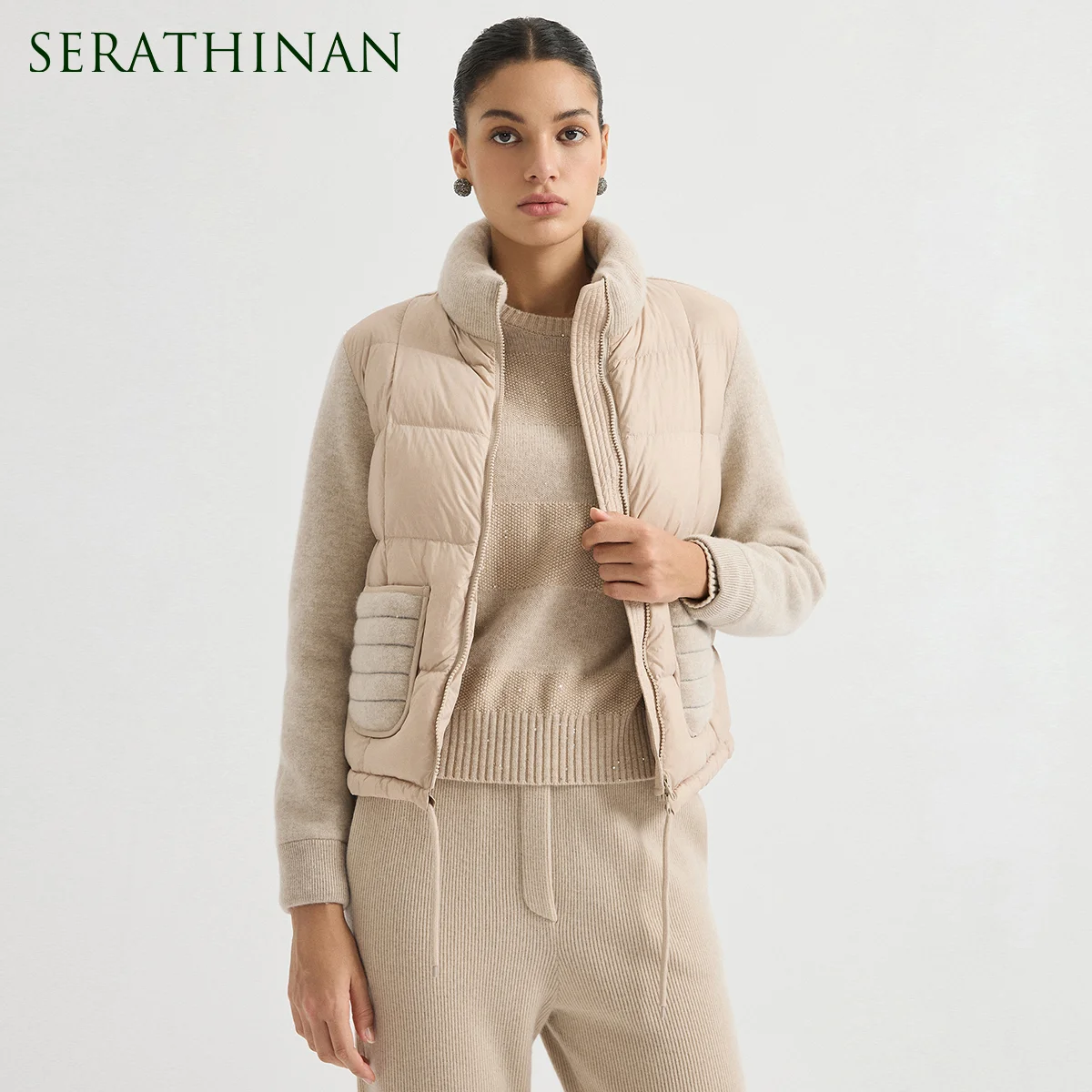 BD3621736 Women's 100% Wool Knit Goose Down Jacket Chain Trimmed Wool Pockets Two-Way Zip Puffer Coat Quiet Luxury Early Autumn