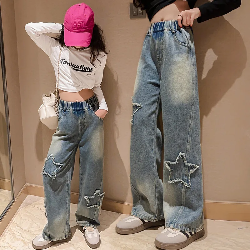 Girls\' Jeans 2024 Spring New Kids Fashion Retro five-pointed Star Denim Wide-leg Pants Teenage Children Trousers 10 12 14 Years