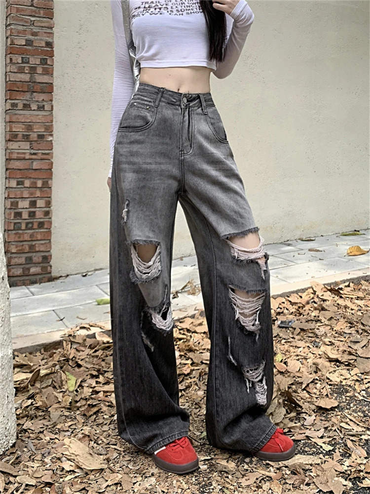 

Women's Distressed Black Gradient Hole Jeans Street Cool Girl Bottoms Wide Legs Pants Female Distressed Baggy Denim Trousers 3XL