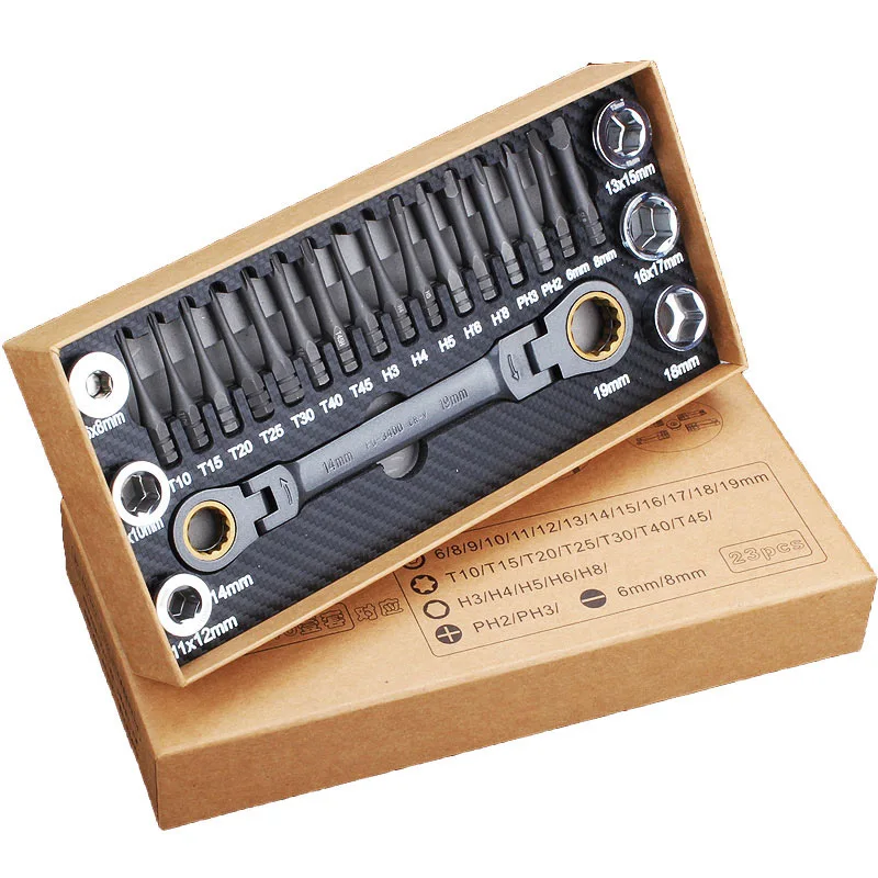 

23pcs Multifunctional Ratchet Spanner Set Flexible Head Ratchet Double Box Wrench Socket Screwdriver Bits Auto Repairing Tool