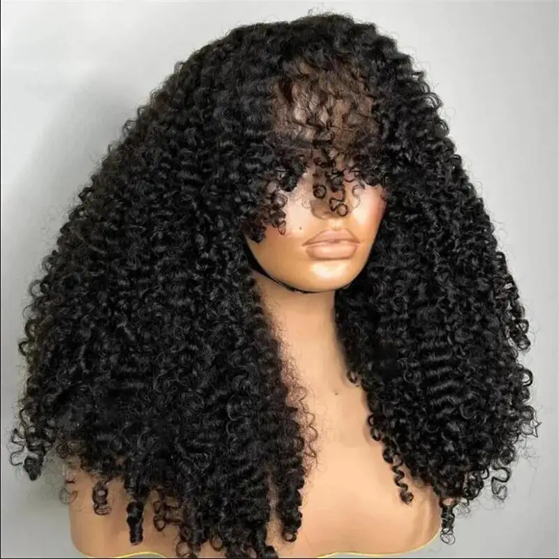 

Soft 180Density 26 Long Natural Black Kinky Curly Machine With Bangs For Women Babyhair Preplucked Heat Resistant Glueless Daily