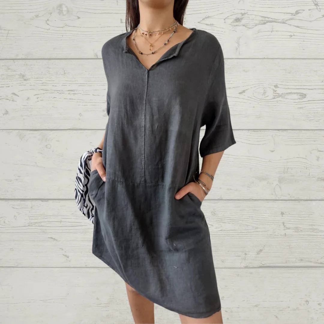 Spring And Summer Women's Clothing Linen Cotton V-Neck Loose Casual Pocket Short Sleeve Dress