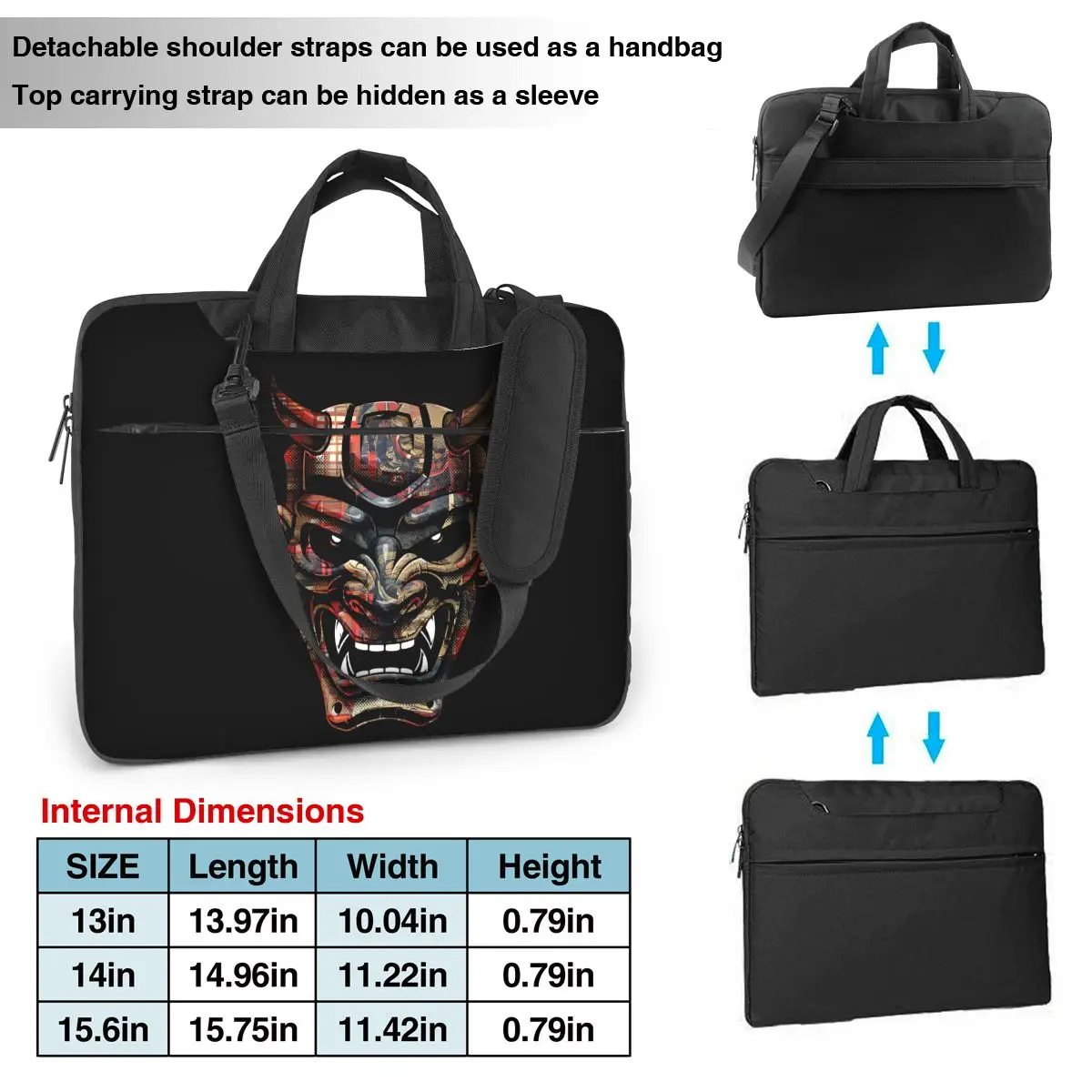 Ornate Ukiyoe Japanese Oni Demon Mask Laptop Bag Case Protective Vintage Computer Bag Bicycle Crossbody Laptop Pouch