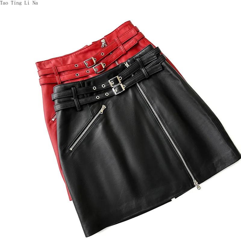 2023 Fashion Genuine Sheepskin Leather Skirt Double Belt Split Motorcycle A-line Skirt E7