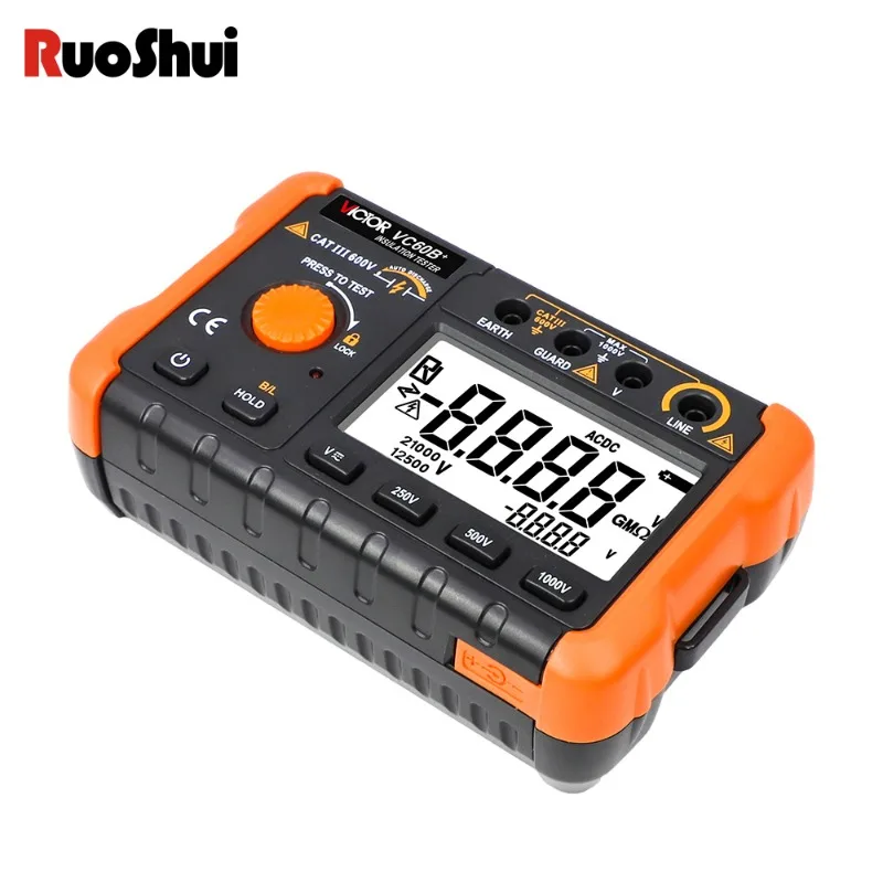 RuoShui 60B+ Digital Insulation Resistance Tester 1000V  Test DC AC 2000m Ohm High Voltage Short Circuit Input Alarm VC60B