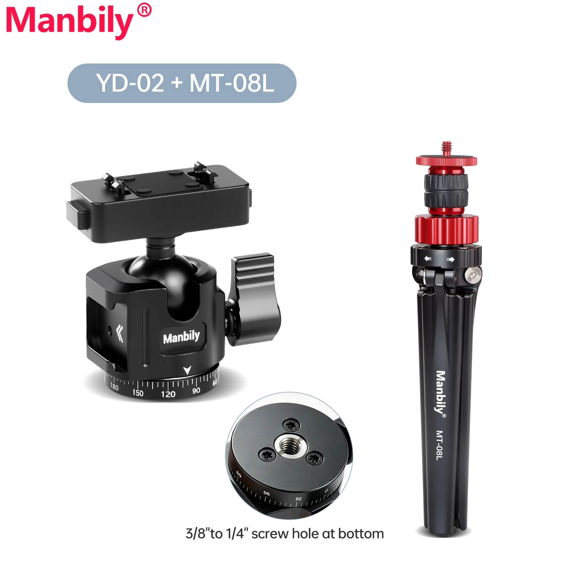 Manbily MT-08L+YD-01 Portable Mini Tripod with Ball Head 360° Rotating for Pocket 3 Insta360 X6 Action Camera