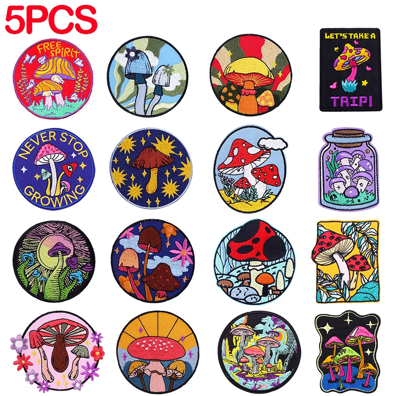 5 Stück/Lot Cartoon-Pilz-Stickerei-Aufnäher zum Aufbügeln, bestickte Aufnäher für Kleidung, thermoadhäsive Aufnäher für Kleidungsdekoration