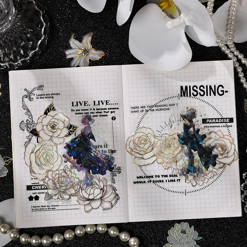 ملصقات زهور مخططة باللون الذهبي/الفضي المجسم - شارات لامعة فاخرة لرفع أي مجلة أو مشروع حرفي