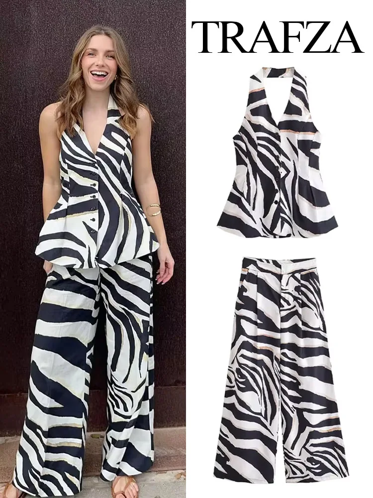 

TRAFZA Women Print Single Breasted Decorate Sexy Sleeveless Backless Slim Top+Elegant High Waist Zipper Trousers 2 Piece Set