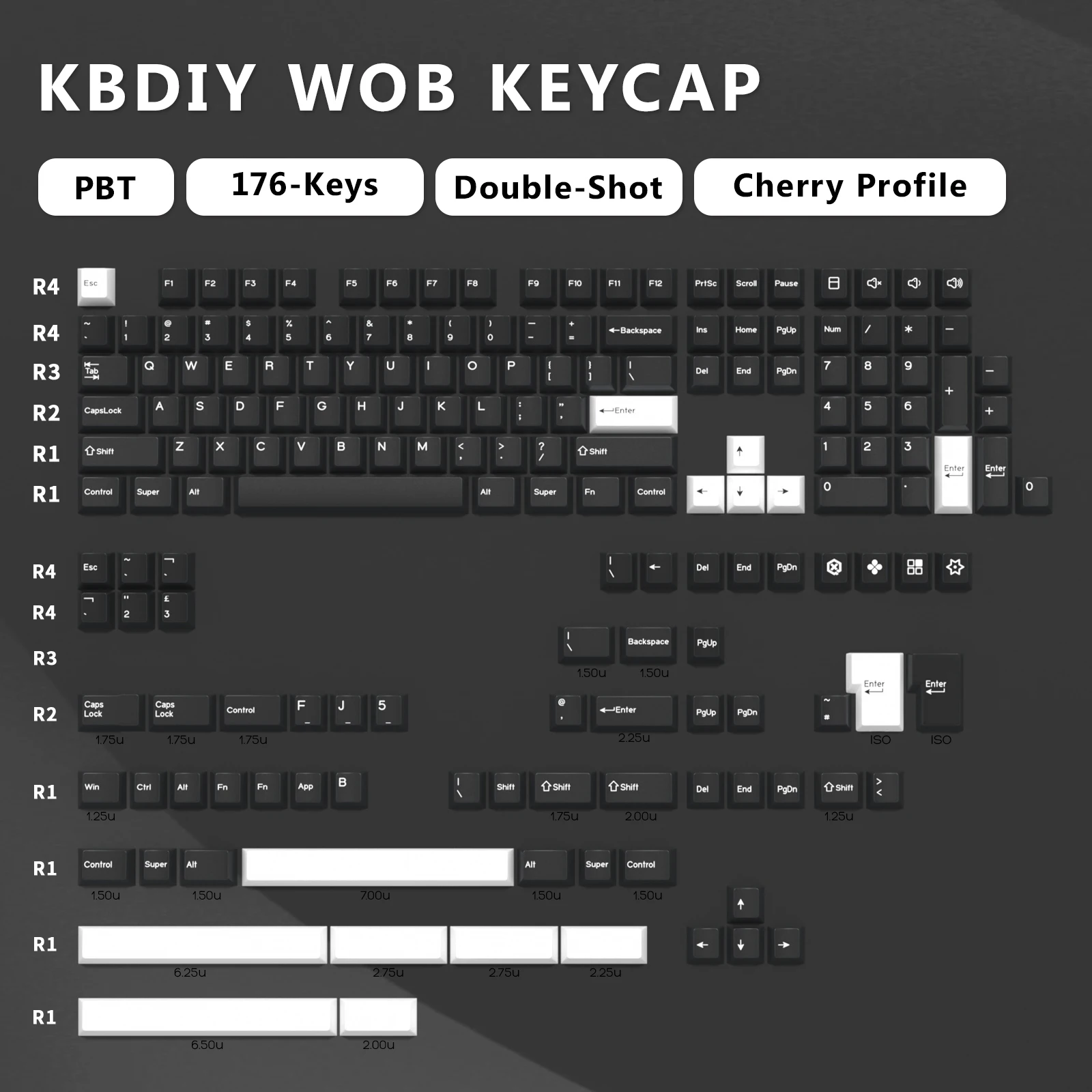 kbdiy gmk wob keycaps conjunto para teclado mecanico double shot perfil cereja switches mx iso preto 176 teclas conjunto 61 68 01