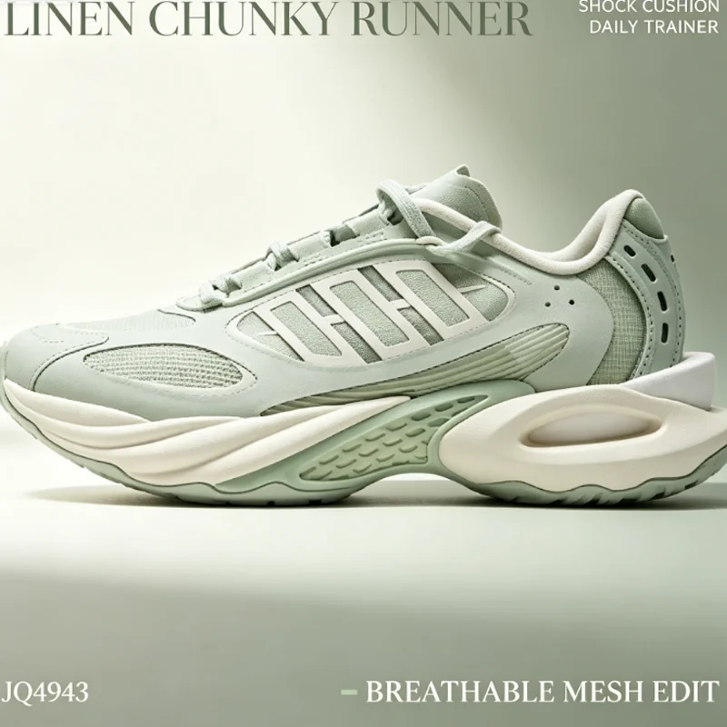 Linen Green Women Chunky Running Shoes Jq4943 Breathable Mesh Sport Sneakers Soft Cushion Platform Trainers Outdoor Walking Dail