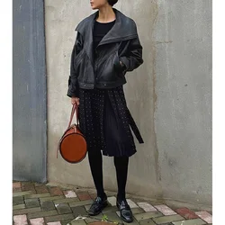 Leather Jacket Woman Spring Autumn Lychee Sheepskin Large Lapel Vintage Batwing Sleeve Short Loose Coats Kurtka Skórzana Damska