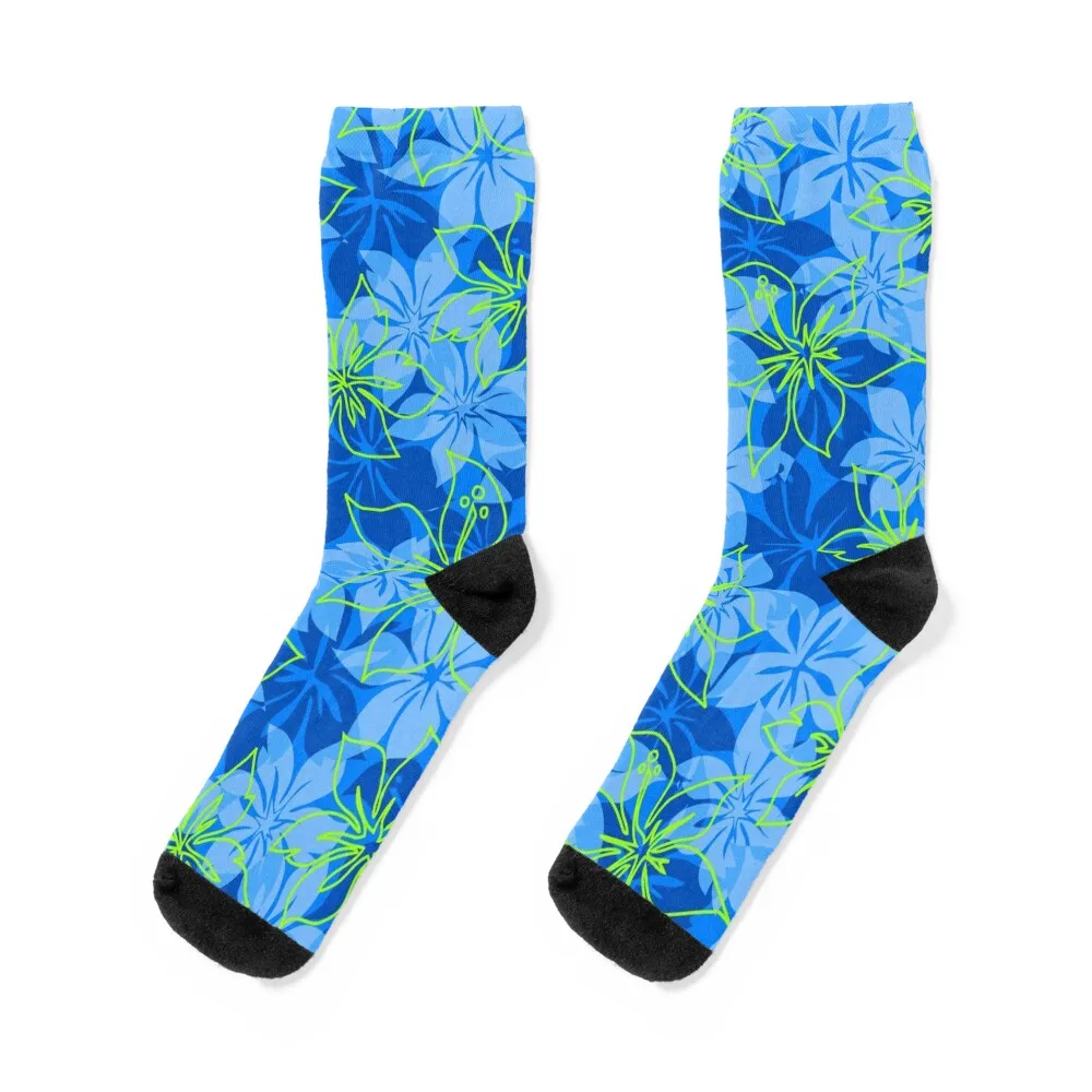 

Olowalu Hibiscus Hawaiian Aloha Shirt Print - Blue and Lime Socks gym halloween Designer Man Socks Women's