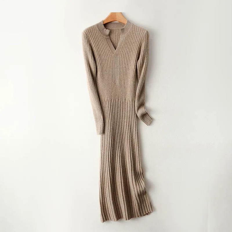 Smart Minimalist Ribbed 2025 Women's Long V-Neck Dress 100% Merino Wool Slim-Fit Bodycon Knit Dress Long Sleeve Warm