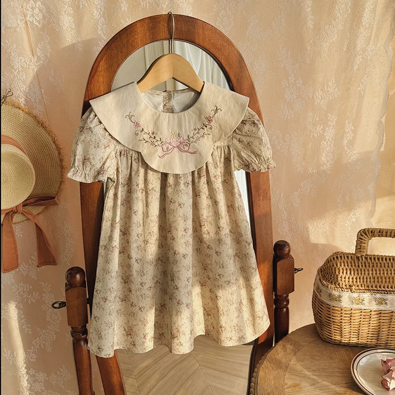 

Floral Doll Collar Girls Dress 2026 Summer Flower Embroidery Short Sleeve Children's Skirt