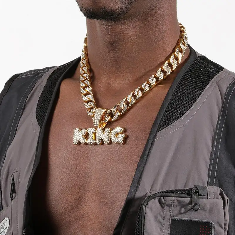 Women Men Rhinestone KING Pendant with 15mm Cuban Chain Hip Hop Party Fashion Jewelry