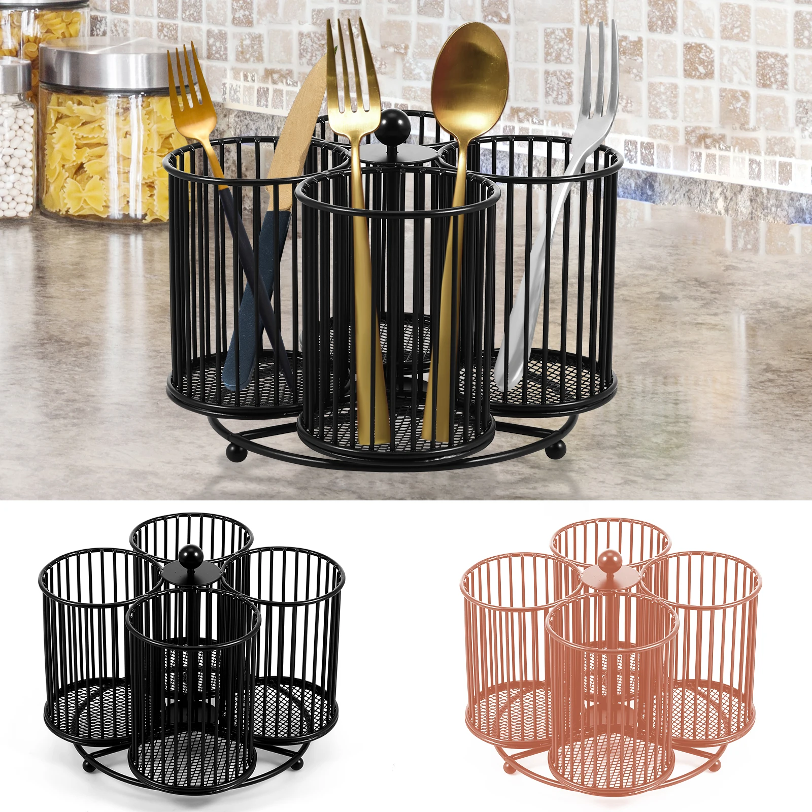 

Metal Utensil Caddy 360 Degree Rotating Cutlery Holder 4 Compartment Flatware Storage Basket Portable Multipurpose Countertop