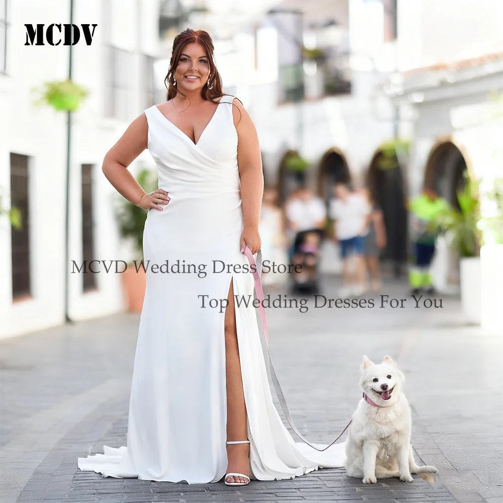 

MCDV Plus Size Wedding Dresses For Curvy Sleeveless Backless V-Neck Mermaid Bride Gowns Side Split Satin vestidos de novia 2026