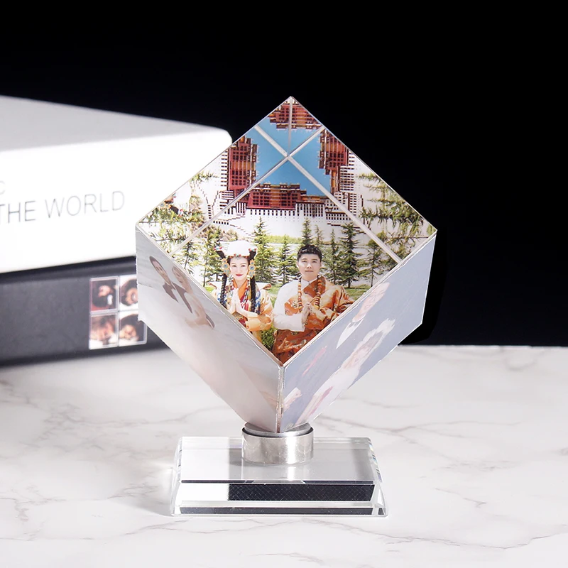 Personalized Customization Crystal Cube Shape Photo Album Glass Figurines Graduation Wedding Souvenir Home Decor Christmas Gifts