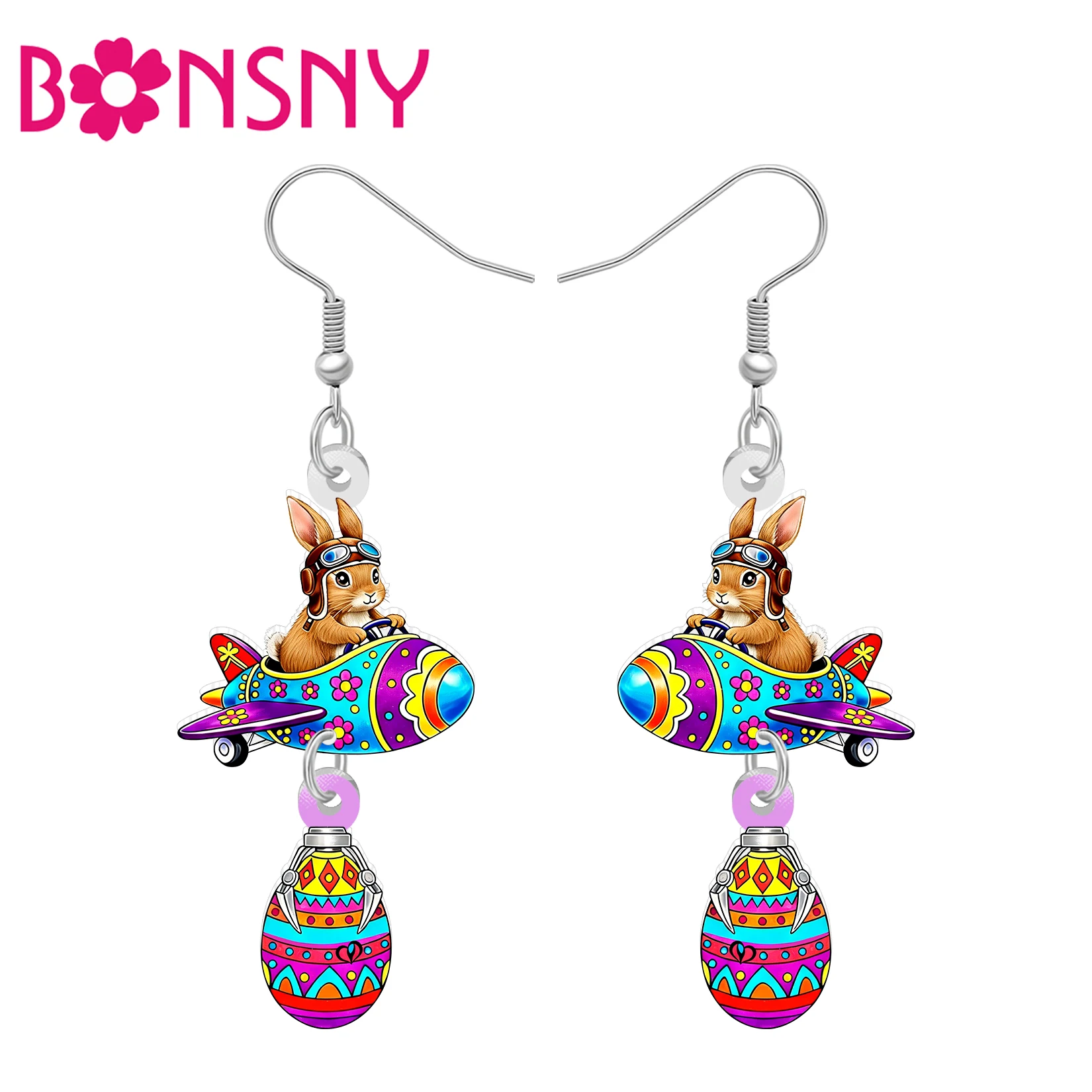 BONSNY Acrylic Easter Eggs Bunny Drop Earrings Novelty Pilot Rabbit Animals Spring Holiday Jewelry Easter Gifts For Women Charms