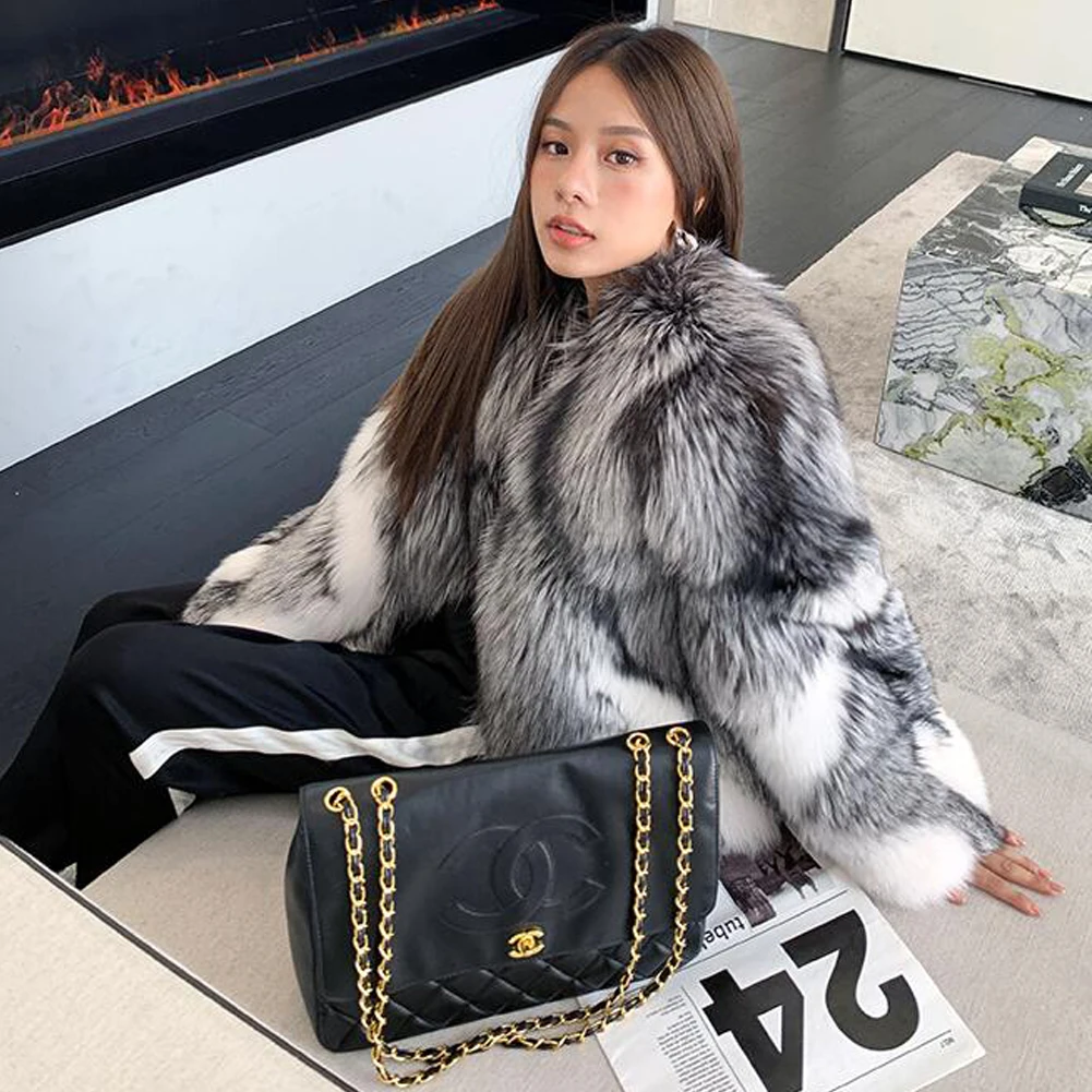 Denny & Dora ธรรมชาติผู้หญิงเสื้อกันหนาวคุณภาพสูงของแท้ Fox Fur Jacket ปกผู้หญิงเสื้อกันหนาว