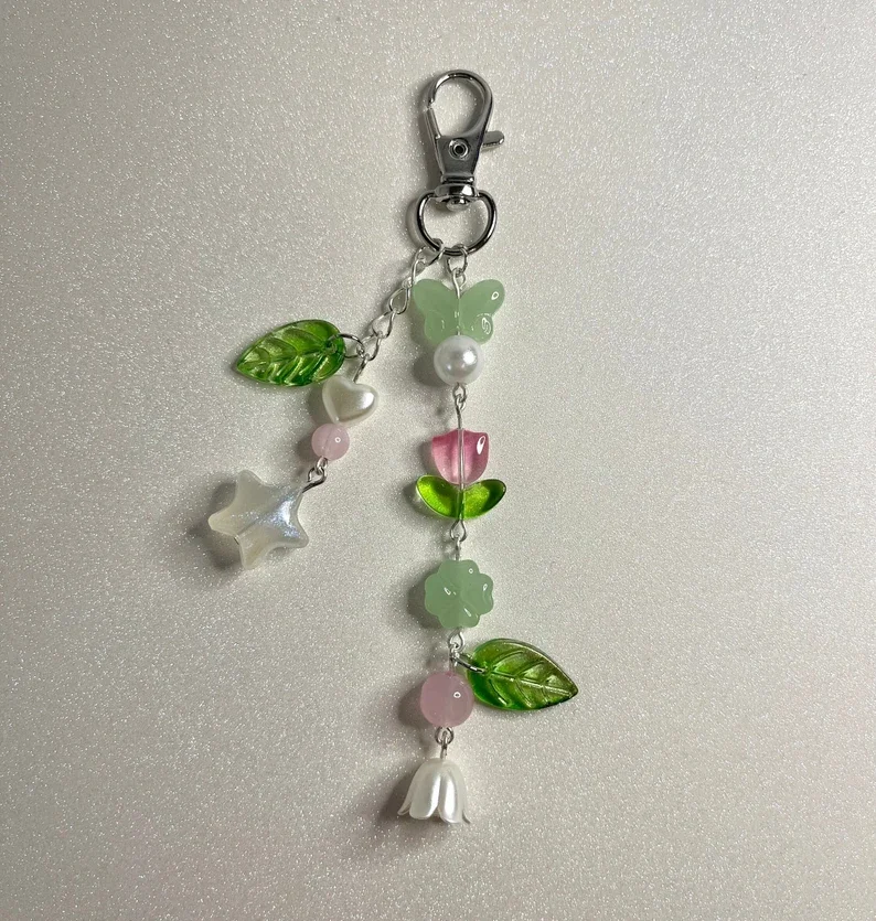 Spring Floral Green and Pink Keychain/Bag Charm | Lily of the Valley, Tulip, Butterfly, Fairycore, Girly, Kawaii, Aesthetic, Coq