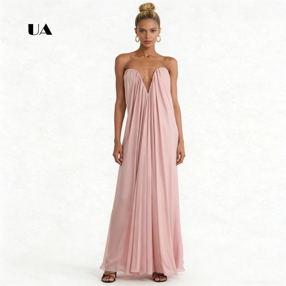 

ULBYANRY Draped Chiffon Sleeveless Prom Dress, Solid Straight V-neck Evening Dress for Woman, Simple Customized Party Gown