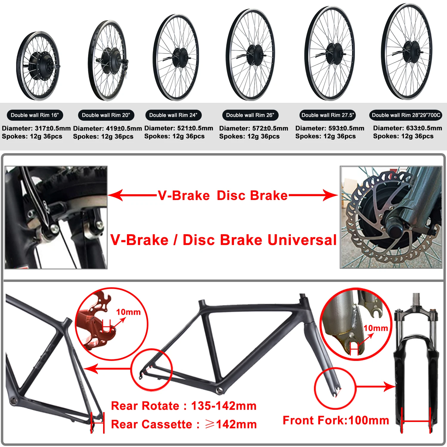 Wheel Hub Motor 36V 48V 350W for Ebike Rear Front Motor Wheel Brushless Gear Motor 24V 250W Ebike Conversion Kit