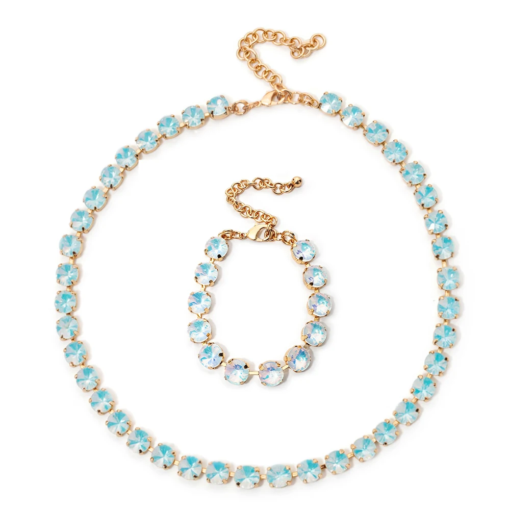 6mm Kristall-Halsketten- und Armband-Set für Damen, farbenfrohes Boho-Schmuckset mit reinen Farben und Zirkonia-Krappenfassung