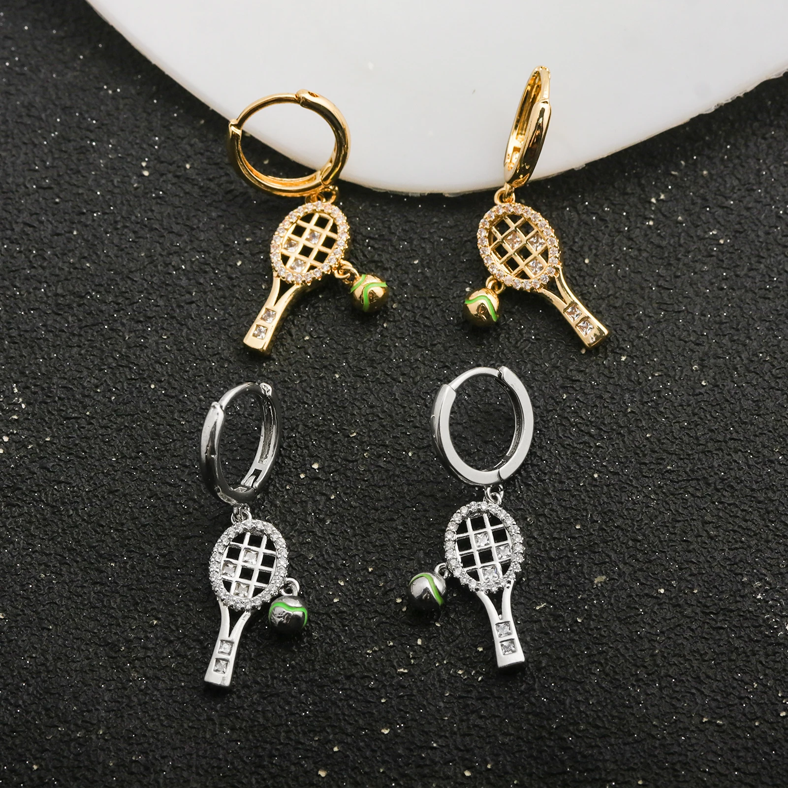 Tennis Racket Stud Earrings Sparkling Crystal Enamel Charm Gold Plating Cubic Zirconia Sports Jewelry Gift For Women