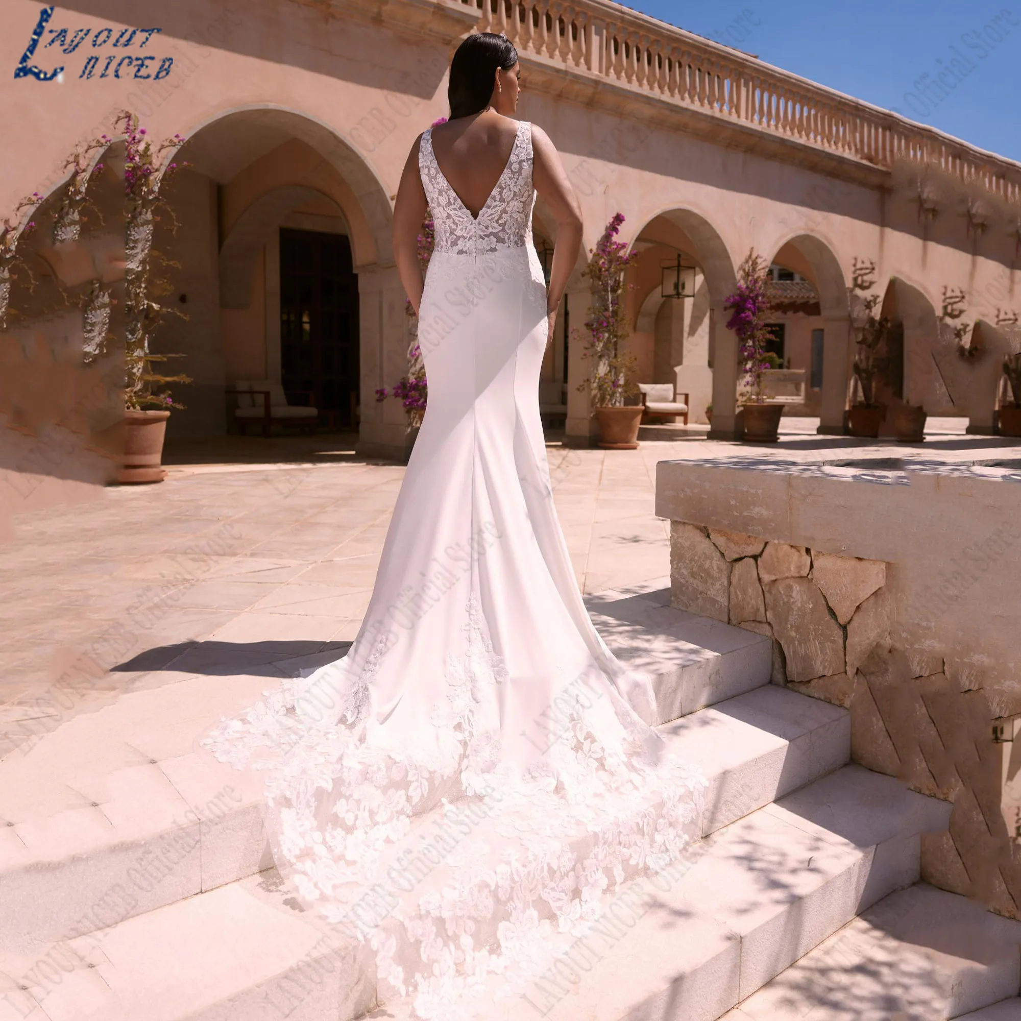 LAYOUT NICEB Satin V-Neck Wedding Dresses 2024 Appliques  Sleeveless Mermaid Bride Gowns Backless Modern Robes De Mariée Custom