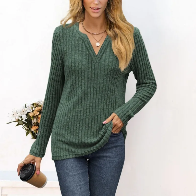 Autumn and Winter Women's Pullover V-Neck Screw Thread Solid Long Sleeve T-shirt Sweater Knitted Underlay Fashion Elegant Tops