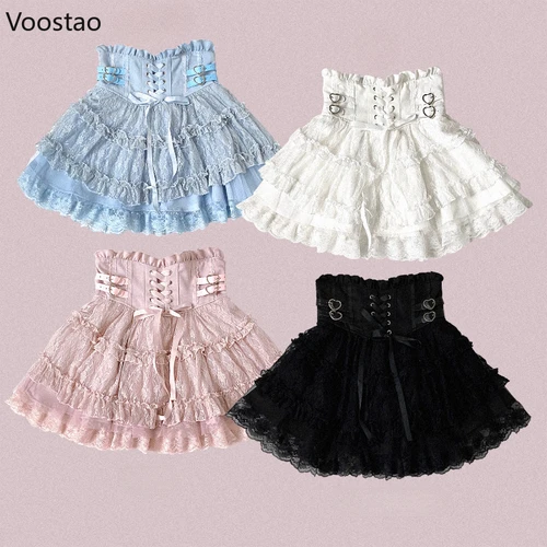 Imagen 1 del producto Minifalda japonesa de estilo dulce Lolita para mujer, faldas elegantes de encaje con vendaje para fiesta y pastel, Falda corta gótica Y2k con hebilla de Metal