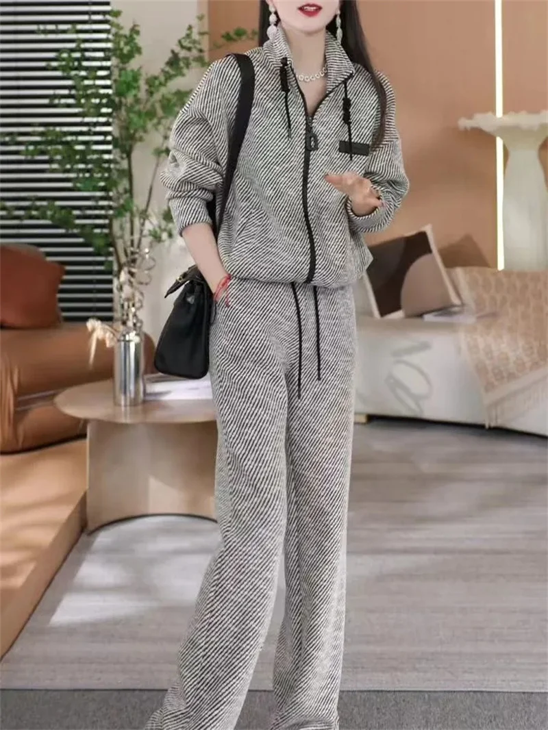 Fashion Casual Striped Suit For Women 2024 Spring Autumn New Style Loose And Slimming Cardigan Top Wide Leg Pants Two-piece Set