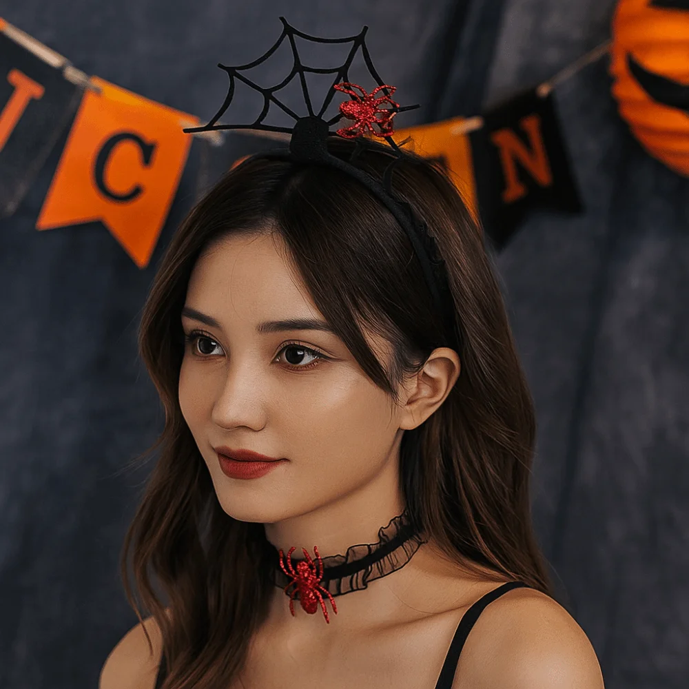 

Funny Black Halloween Headband Mesh Ruffles Hairband Necklace Set Hollow Cosplay Props Spider Web Hairband Ladies