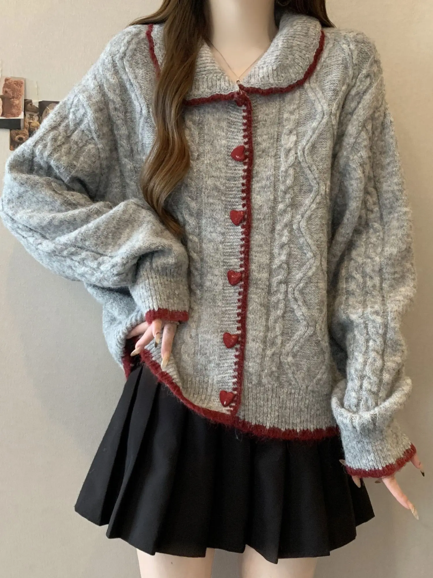 

Twist Yarn Outerwear Top for Women Autumn Winter 2025 Sweet Lazy Color Blo Knitted Long Sweater Cardigan Doll Collar