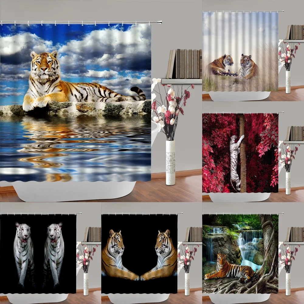 

Tiger Shower Curtain Bathroom Decor Wild Animal Big Cat Forest Reflection Natural Scenery Waterproof Fabric Bath Curtains Home