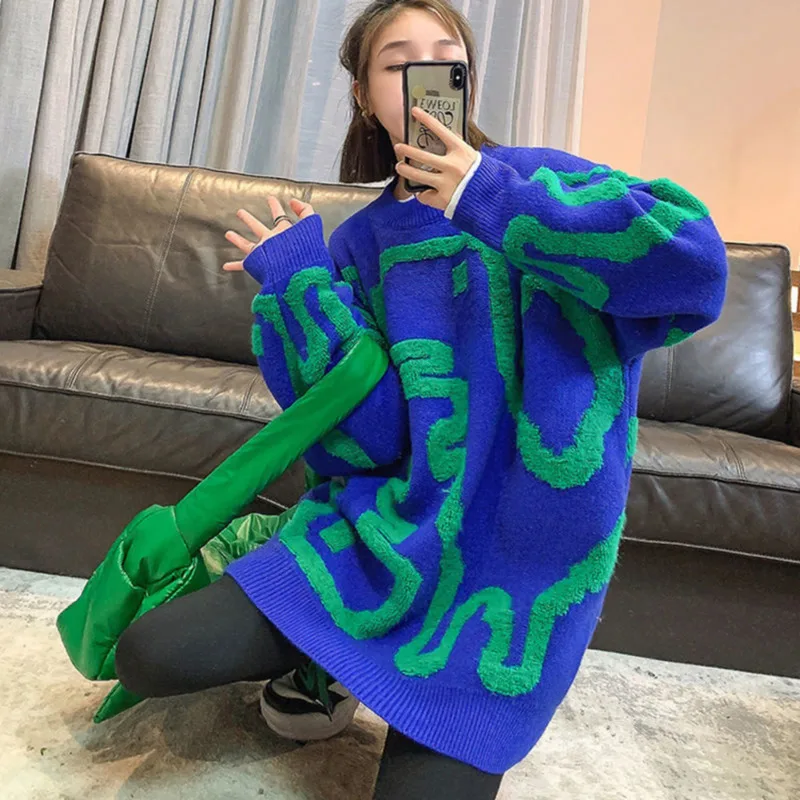 

2022 Autumn Winter Dinosaur Sweater Knitting Women O Neck Long Sleeve Printing Fashion Trend Loose Pullovers