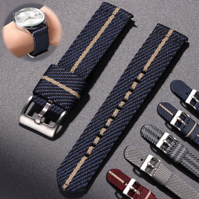 Striped Woven Nylon Watchband 20mm 22mm Quick Release Fabric Strap for Seiko for Huawei Watch Casual Sport Replacement Wristband