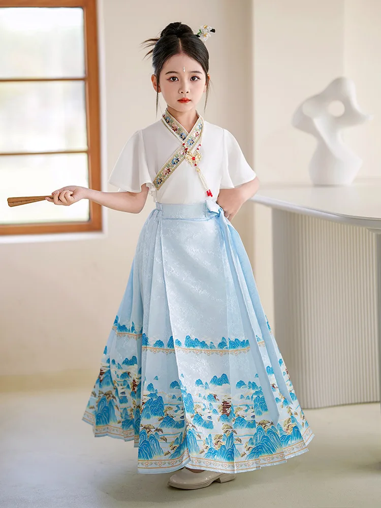 New Kids Hanfu Vintage Chinese Traditional Girls 2PCS Horse-face Skirt Set Children Dance Photography Perform Clothes Cosplay