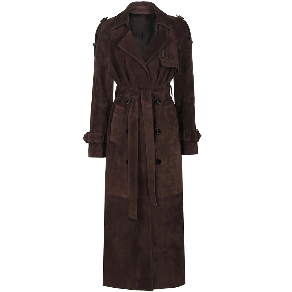 YOLOAgain Double Breasted Suede Jacket Coat Women Real Leather Trench Coat