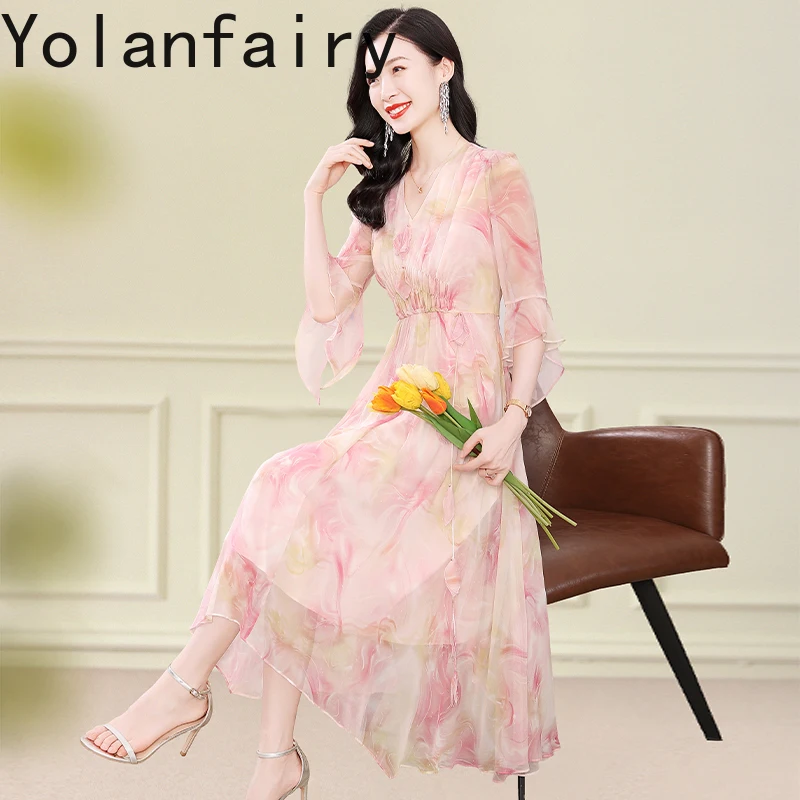 เดรสไหมมัลเบอร์รี่แท้ 100% ยี่ห้อ YOLANFAIRY รุ่นซัมเมอร์ 2025 ดีไซน์หรูหราหวานๆ เหมาะสำหรับวันพักผ่อน ชุดเดรสผู้หญิงแฟชั่นลายพิมพ์